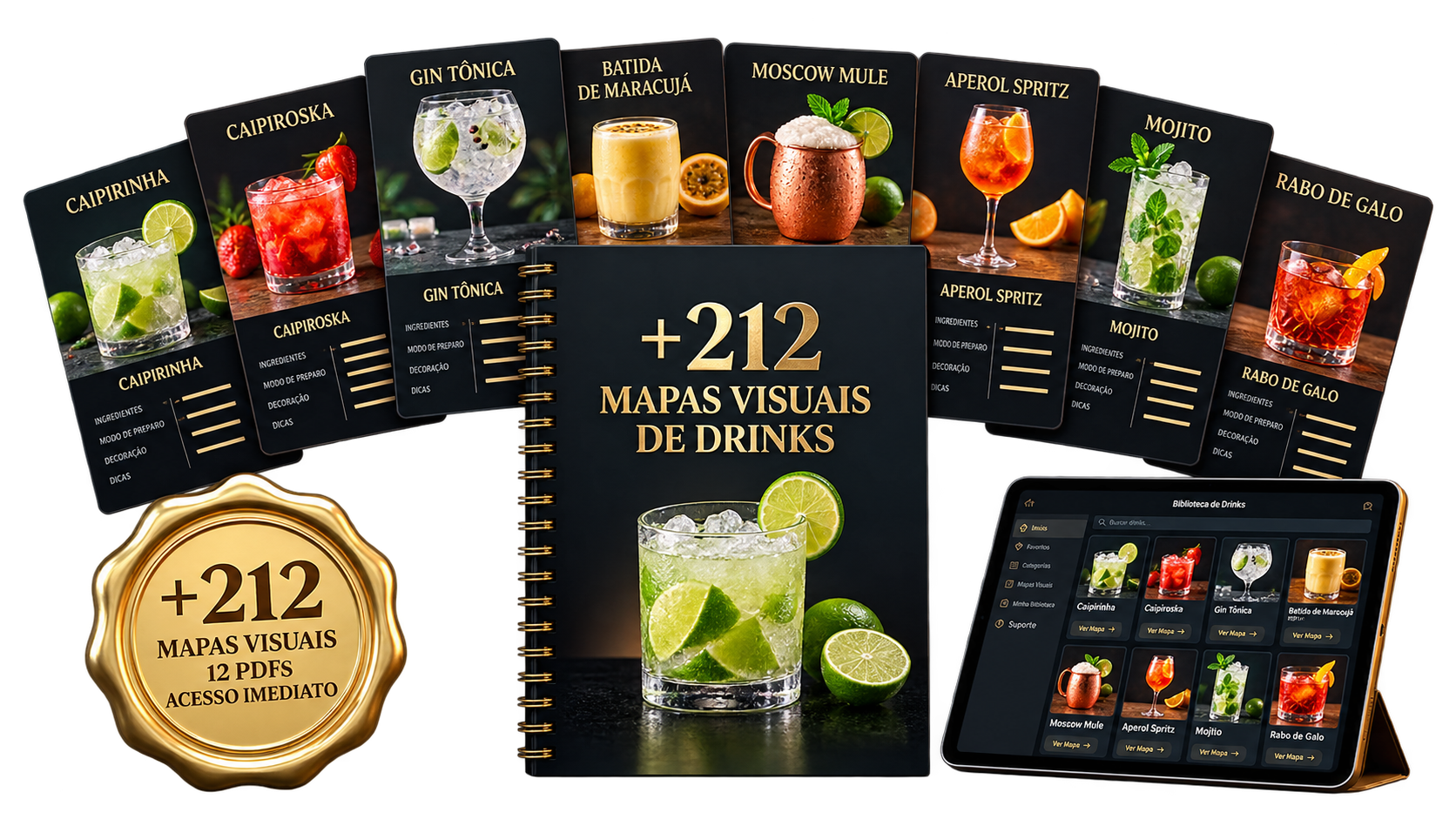 Mockup oficial Drinks Visuais com +212 mapas visuais, 12 PDFs e tablet de consulta